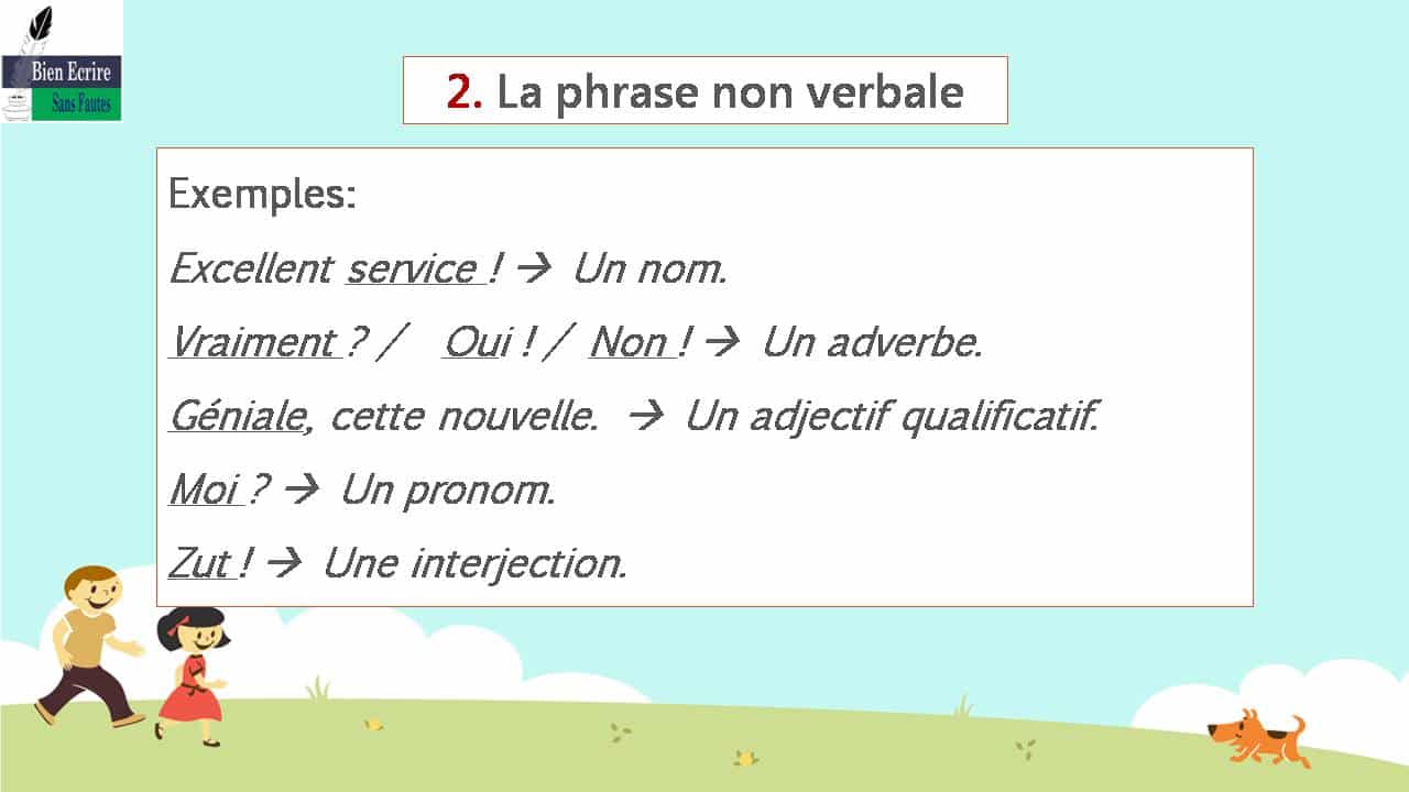 Exemples:Excellent service !  Un nom.Vraiment ? / Oui ! / Non !  Un adverbe.Géniale, cette nouvelle.  Un adjectif qualificatif.Moi ?  Un pronom.Zut !  Une interjection.