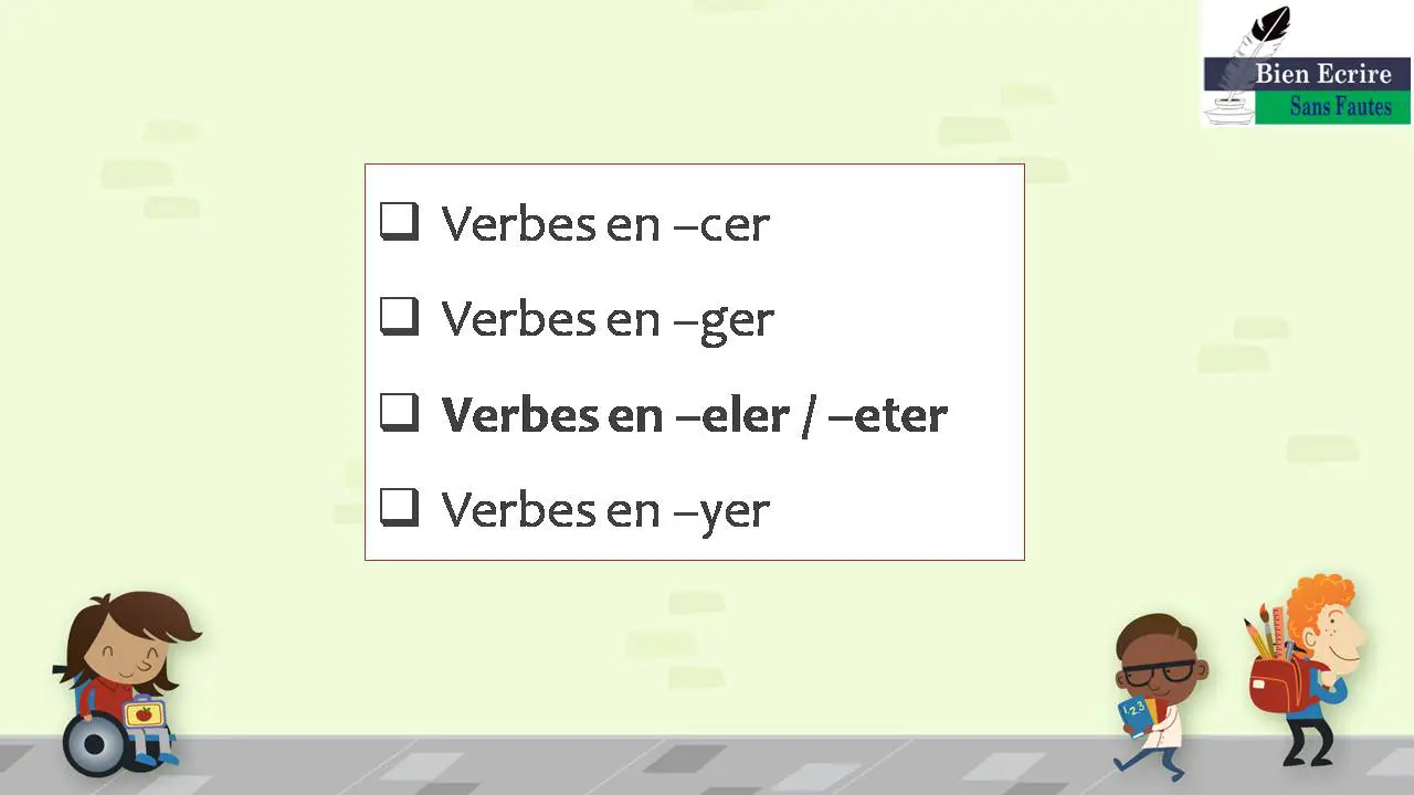  Verbes en –cer  Verbes en –ger  Verbes en –eler / –eter  Verbes en –yer 