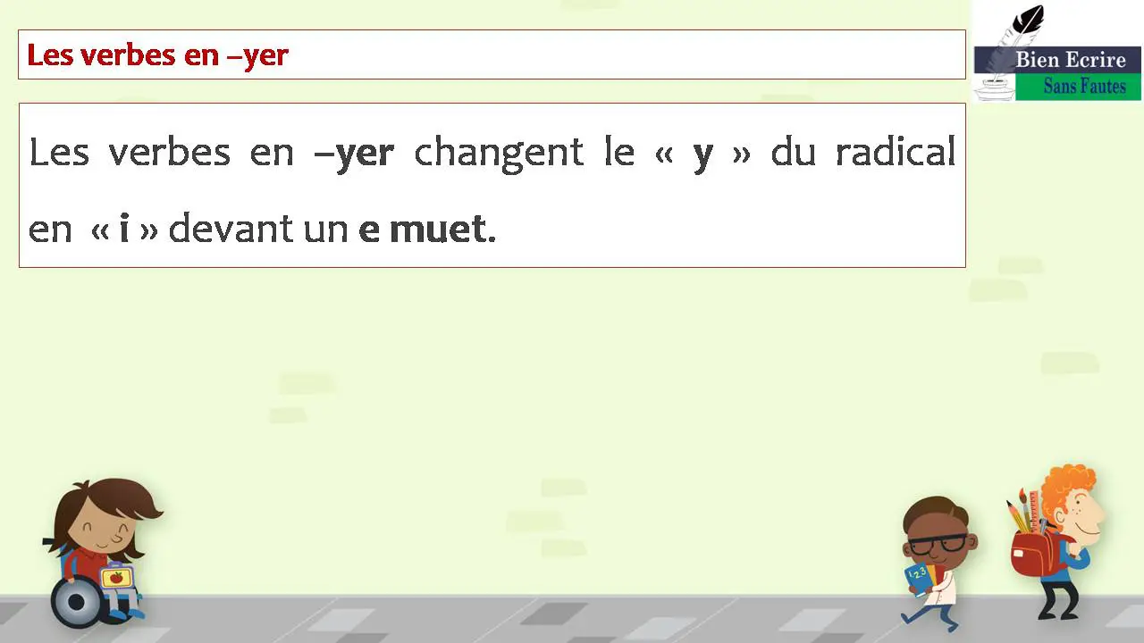 Les verbes en –yer Les verbes en –yer changent le « y » du radical en « i » devant un e muet. 
