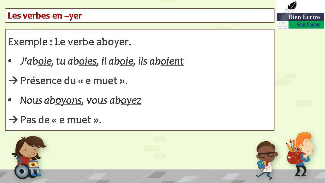 Les verbes en –yer Exemple : Le verbe aboyer. • J'aboie, tu aboies, il aboie, ils aboient  Présence du « e muet ». • Nous aboyons, vous aboyez  Pas de « e muet ». 