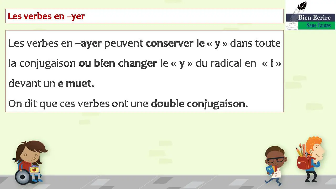 Les verbes en –yer Les verbes en –ayer peuvent conserver le « y » dans toute la conjugaison ou bien changer le « y » du radical en « i » devant un e muet. On dit que ces verbes ont une double conjugaison.