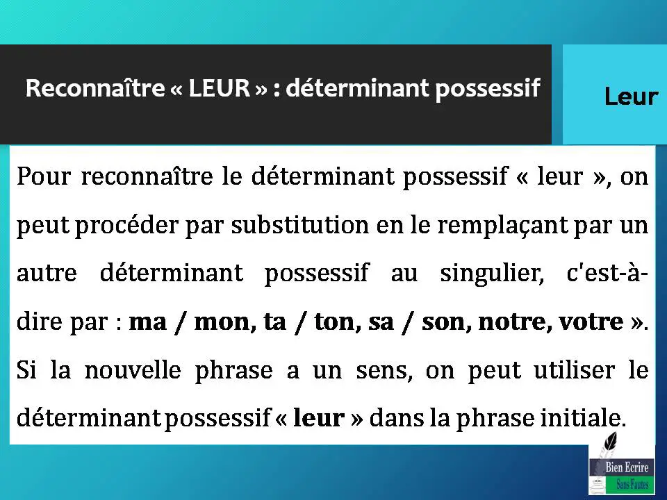 Pour reconnaître le déterminant possessif « leur », on peut procéder par substitution en le remplaçant par un autre déterminant possessif au singulier, c'est-à-dire par : ma / mon, ta / ton, sa / son, notre, votre ». Si la nouvelle phrase a un sens, on peut utiliser le déterminant possessif « leur » dans la phrase initiale. 