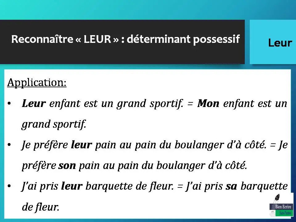Application: • Leur enfant est un grand sportif. = Mon enfant est un grand sportif. • Je préfère leur pain au pain du boulanger d’à côté. = Je préfère son pain au pain du boulanger d’à côté. • J’ai pris leur barquette de fleur. = J’ai pris sa barquette de fleur.