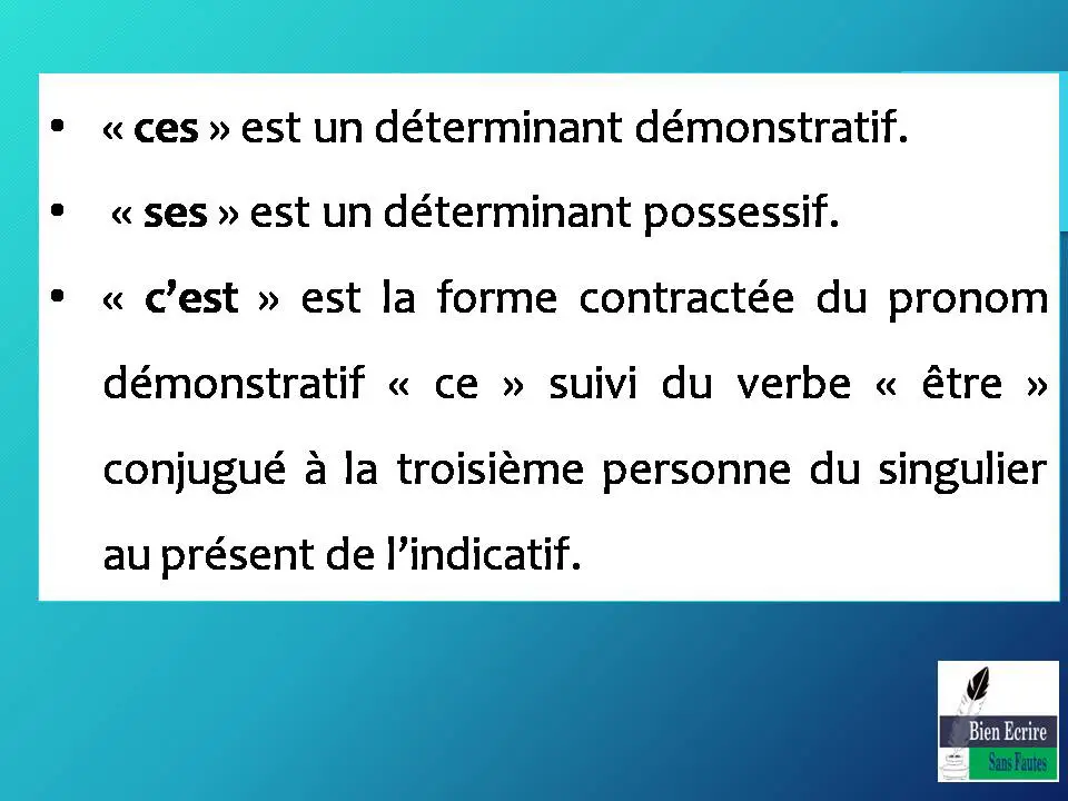 • « ces » est un déterminant démonstratif. • « ses » est un déterminant possessif. • « c’est » est la forme contractée du pronom démonstratif « ce » suivi du verbe « être » conjugué à la troisième personne du singulier au présent de l’indicatif.