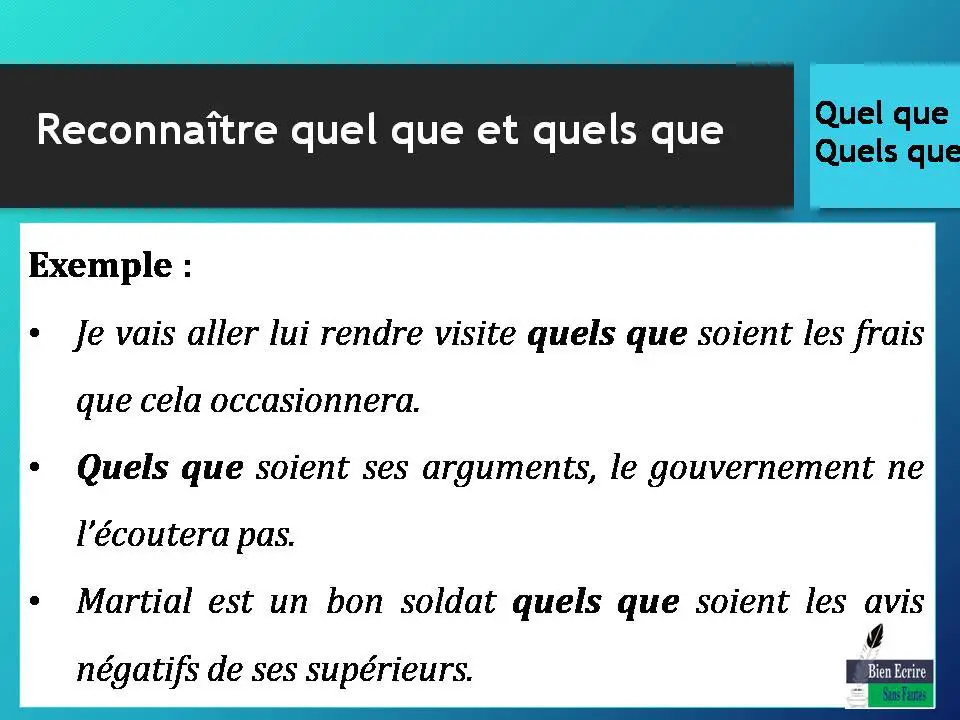Exemple : • Je vais aller lui rendre visite quels que soient les frais que cela occasionnera. • Quels que soient ses arguments, le gouvernement ne l’écoutera pas. • Martial est un bon soldat quels que soient les avis négatifs de ses supérieurs.