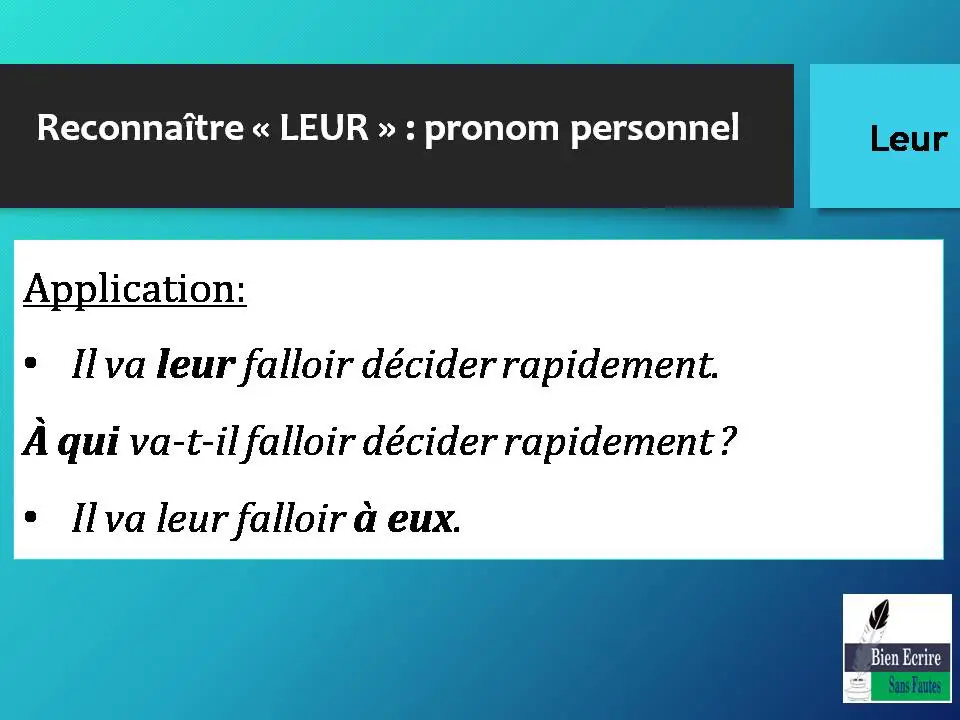 Reconnaître « LEUR » : pronom personnel Application: • Il va leur falloir décider rapidement. À qui va-t-il falloir décider rapidement ? • Il va leur falloir à eux.