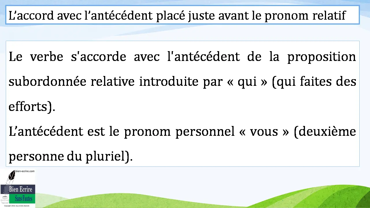 Le verbe s'accorde avec l'antécédent de la proposition subordonnée relative introduite par « qui » (qui faites des efforts). L’antécédent est le pronom personnel « vous » (deuxième personne du pluriel). 