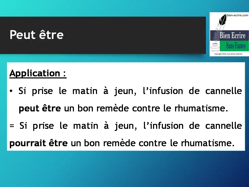 Application : • Si prise le matin à jeun, l’infusion de cannelle peut être un bon remède contre le rhumatisme. = Si prise le matin à jeun, l’infusion de cannelle pourrait être un bon remède contre le rhumatisme.