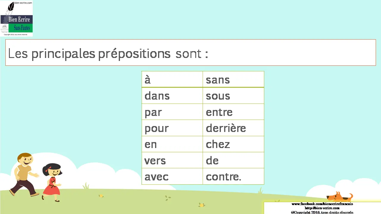 Les principales prépositions sont : à sans dans sous par entre pour derrière en chez vers de avec contre. 