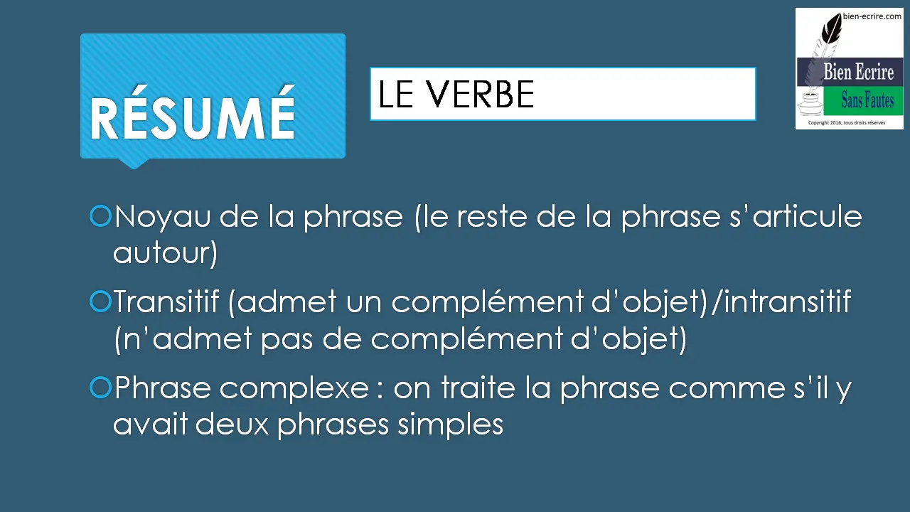 RÉSUMÉ LE VERBE  Noyau de la phrase (le reste de la phrase s’articule autour)  Transitif (admet un complément d’objet)/intransitif (n’admet pas de complément d’objet)  Phrase complexe : on traite la phrase comme s’il y avait deux phrases simples