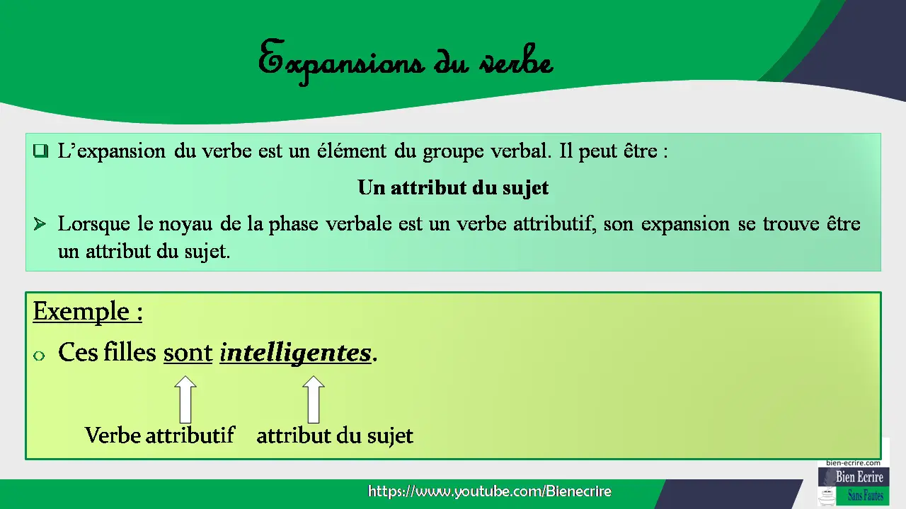  L’expansion du verbe est un élément du groupe verbal. Il peut être : Un attribut du sujet  Lorsque le noyau de la phase verbale est un verbe attributif, son expansion se trouve être un attribut du sujet. Exemple : o Ces filles sont intelligentes. Verbe attributif attribut du sujet