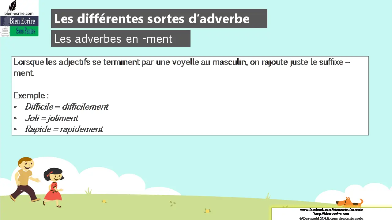 Lorsque les adjectifs se terminent par une voyelle au masculin, on rajoute juste le suffixe – ment. Exemple : • Difficile = difficilement • Joli = joliment • Rapide = rapidement