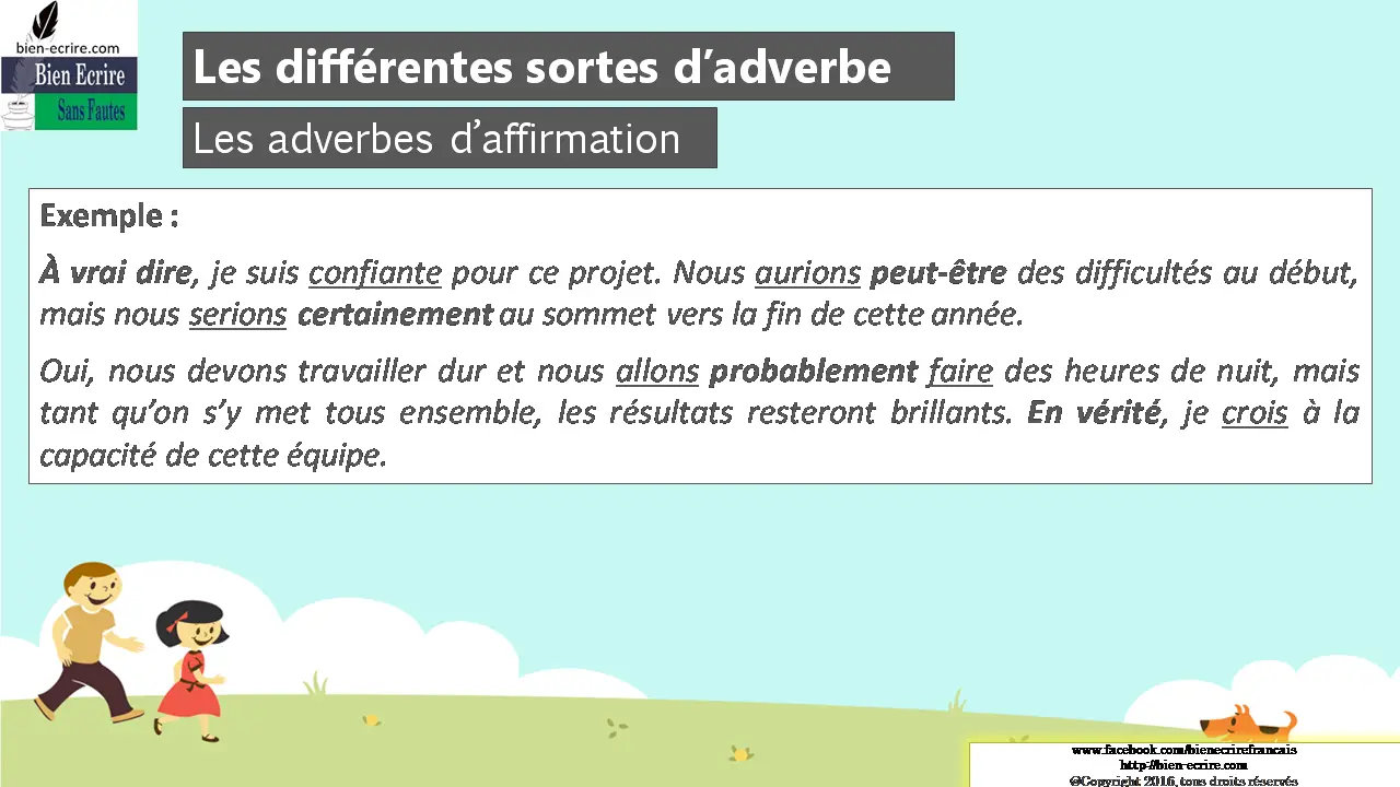 Exemple : À vrai dire, je suis confiante pour ce projet. Nous aurions peut-être des difficultés au début, mais nous serions certainement au sommet vers la fin de cette année. Oui, nous devons travailler dur et nous allons probablement faire des heures de nuit, mais tant qu’on s’y met tous ensemble, les résultats resteront brillants. En vérité, je crois à la capacité de cette équipe. 