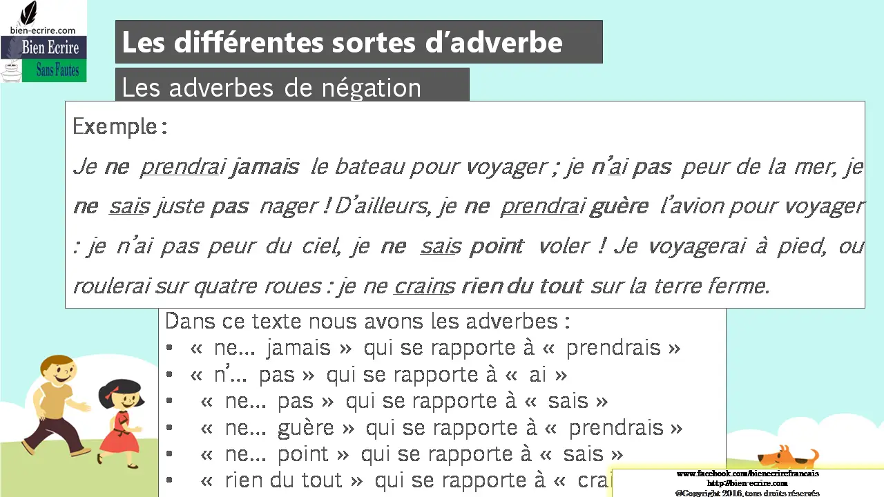 Exemple : Je ne prendrai jamais le bateau pour voyager ; je n’ai pas peur de la mer, je ne sais juste pas nager ! D’ailleurs, je ne prendrai guère l’avion pour voyager : je n’ai pas peur du ciel, je ne sais point voler ! Je voyagerai à pied, ou roulerai sur quatre roues : je ne crains rien du tout sur la terre ferme. Dans ce texte nous avons les adverbes : • « ne… jamais » qui se rapporte à « prendrais » • « n’… pas » qui se rapporte à « ai » • « ne… pas » qui se rapporte à « sais » • « ne… guère » qui se rapporte à « prendrais » • « ne… point » qui se rapporte à « sais » • « rien du tout » qui se rapporte à « crains ».