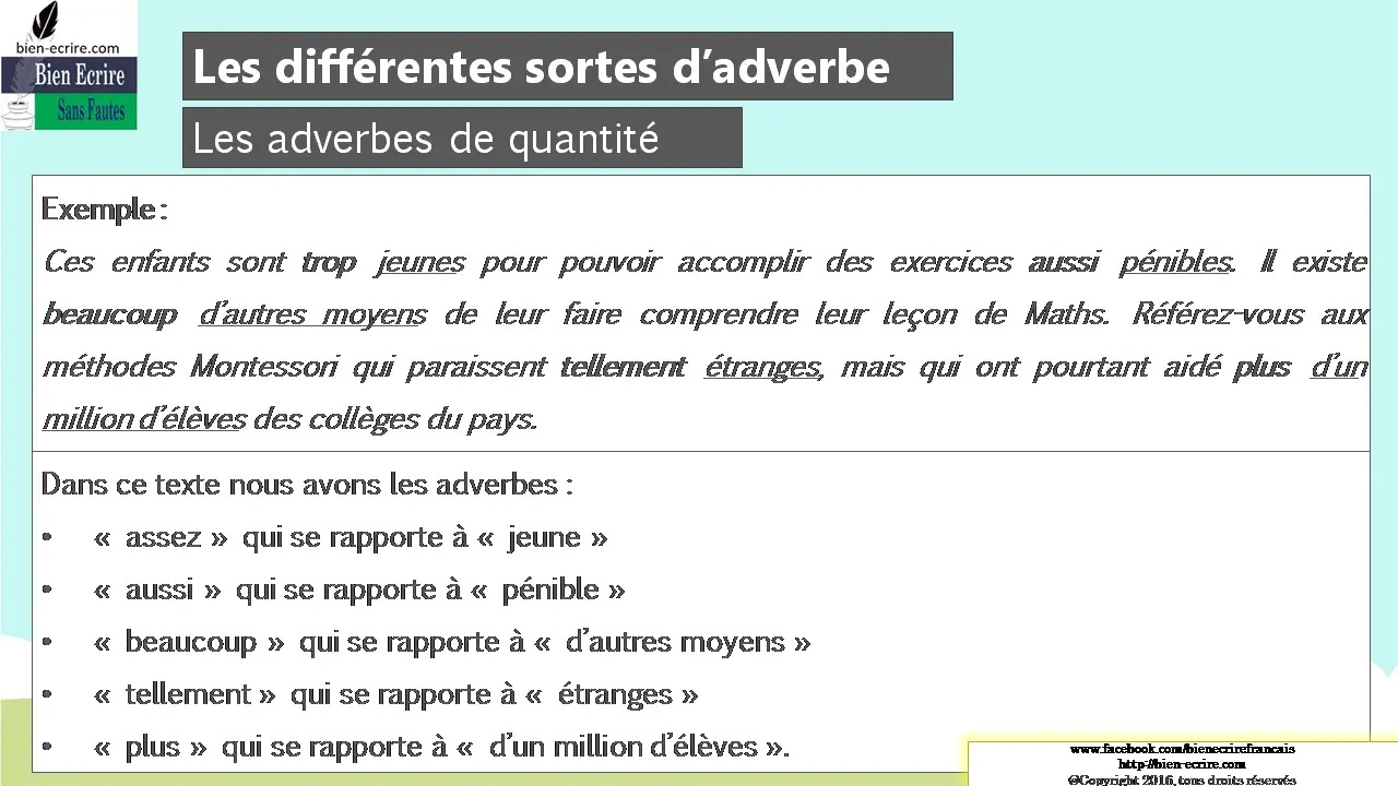 Exemple : Ces enfants sont trop jeunes pour pouvoir accomplir des exercices aussi pénibles. Il existe beaucoup d’autres moyens de leur faire comprendre leur leçon de Maths. Référez-vous aux méthodes Montessori qui paraissent tellement étranges, mais qui ont pourtant aidé plus d’un million d’élèves des collèges du pays. Dans ce texte nous avons les adverbes : • « assez » qui se rapporte à « jeune » • « aussi » qui se rapporte à « pénible » • « beaucoup » qui se rapporte à « d’autres moyens » • « tellement » qui se rapporte à « étranges » • « plus » qui se rapporte à « d’un million d’élèves ».