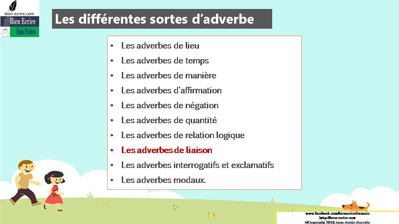 Les différentes sortes d’adverbe Les adverbes de lieu Les adverbes de temps Les adverbes de manière Les adverbes d'affirmation Les adverbes de négation Les adverbes de quantité Les adverbes de relation logique Les adverbes de liaison Les adverbes interrogatifs et exclamatifs Les adverbes modaux