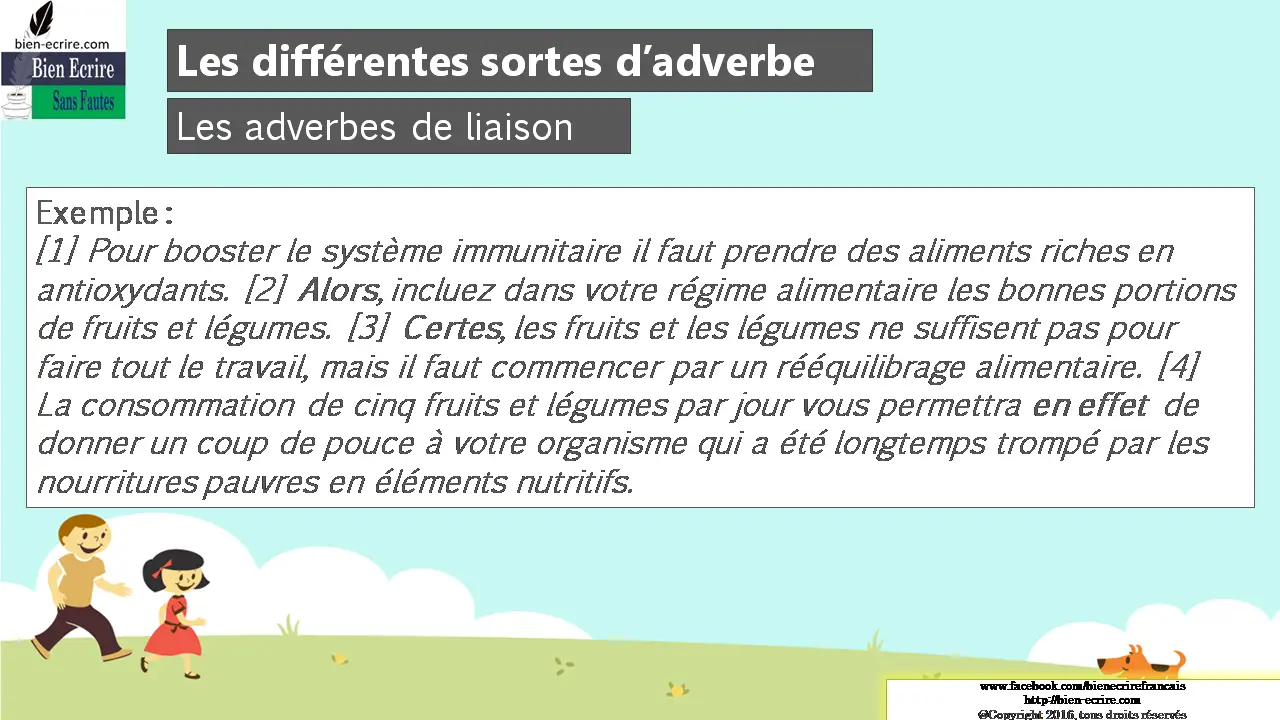 Exemple : [1] Pour booster le système immunitaire il faut prendre des aliments riches en antioxydants. [2] Alors, incluez dans votre régime alimentaire les bonnes portions de fruits et légumes. [3] Certes, les fruits et les légumes ne suffisent pas pour faire tout le travail, mais il faut commencer par un rééquilibrage alimentaire. [4] La consommation de cinq fruits et légumes par jour vous permettra en effet de donner un coup de pouce à votre organisme qui a été longtemps trompé par les nourritures pauvres en éléments nutritifs. 
