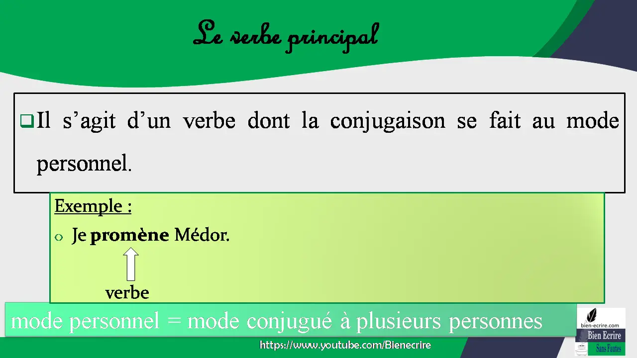 1. Le verbe principal  Il s’agit d’un verbe dont la conjugaison se fait au mode personnel. Exemple : Je promène Médor. verbe mode personnel = mode conjugué à plusieurs personnes 