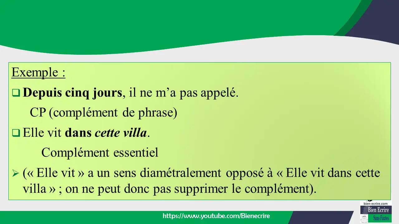 Exemple :  Depuis cinq jours, il ne m’a pas appelé. CP (complément de phrase)  Elle vit dans cette villa. Complément essentiel ➢ (« Elle vit » a un sens diamétralement opposé à « Elle vit dans cette villa » ; on ne peut donc pas supprimer le complément)
