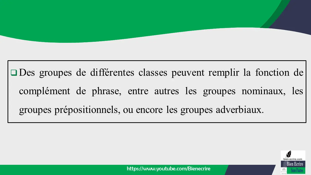  Des groupes de différentes classes peuvent remplir la fonction de complément de phrase, entre autres les groupes nominaux, les groupes prépositionnels, ou encore les groupes adverbiaux.