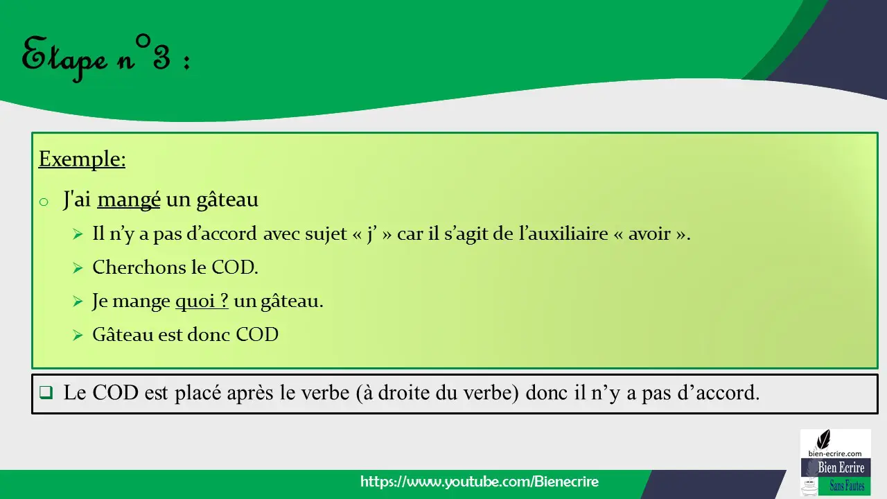 Exemple: o J'ai mangé un gâteau ➢ Il n’y a pas d’accord avec sujet « j’ » car il s’agit de l’auxiliaire « avoir ». ➢ Cherchons le COD. ➢ Je mange quoi ? un gâteau. ➢ Gâteau est donc COD