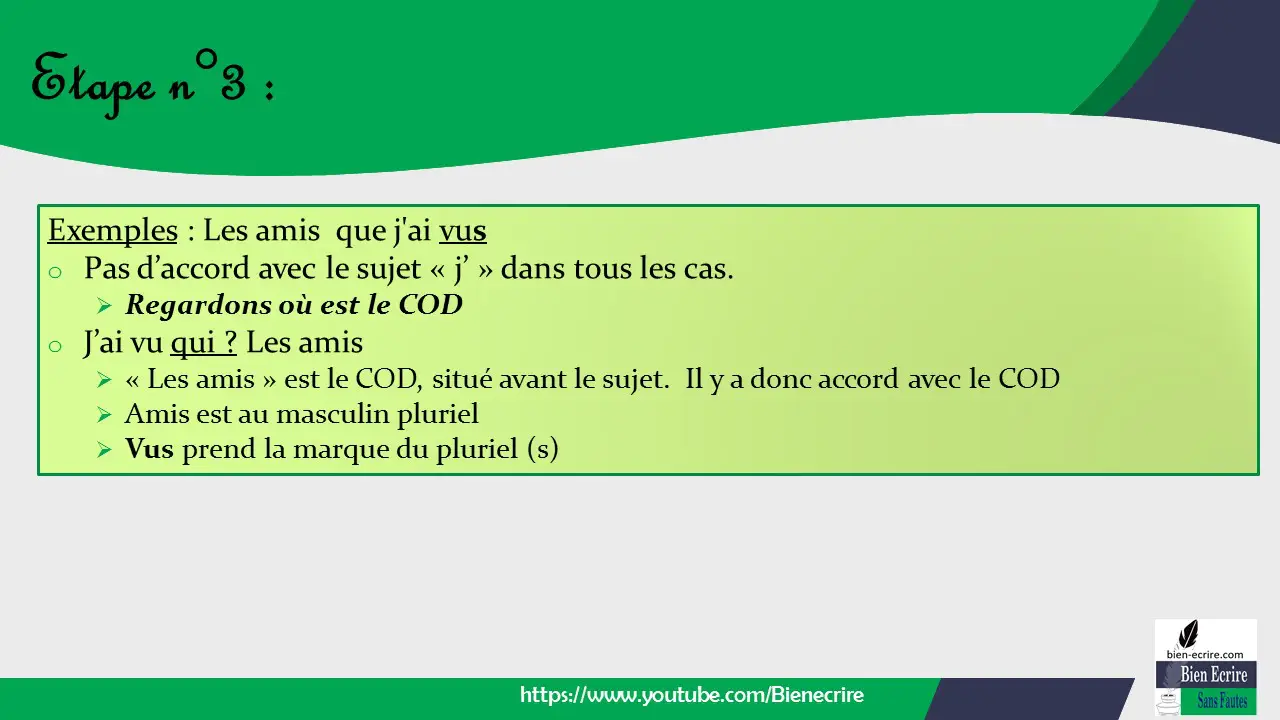 Exemples : Les amis que j'ai vus o Pas d’accord avec le sujet « j’ » dans tous les cas. ➢ Regardons où est le COD o J’ai vu qui ? Les amis ➢ « Les amis » est le COD, situé avant le sujet. Il y a donc accord avec le COD ➢ Amis est au masculin pluriel ➢ Vus prend la marque du pluriel (s)