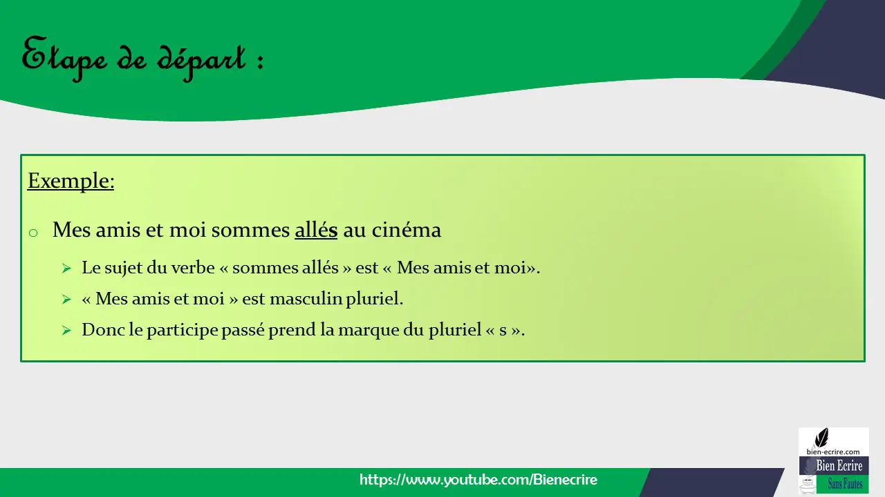 Exemple: o Mes amis et moi sommes allés au cinéma ➢ Le sujet du verbe « sommes allés » est « Mes amis et moi». ➢ « Mes amis et moi » est masculin pluriel. ➢ Donc le participe passé prend la marque du pluriel « s ».