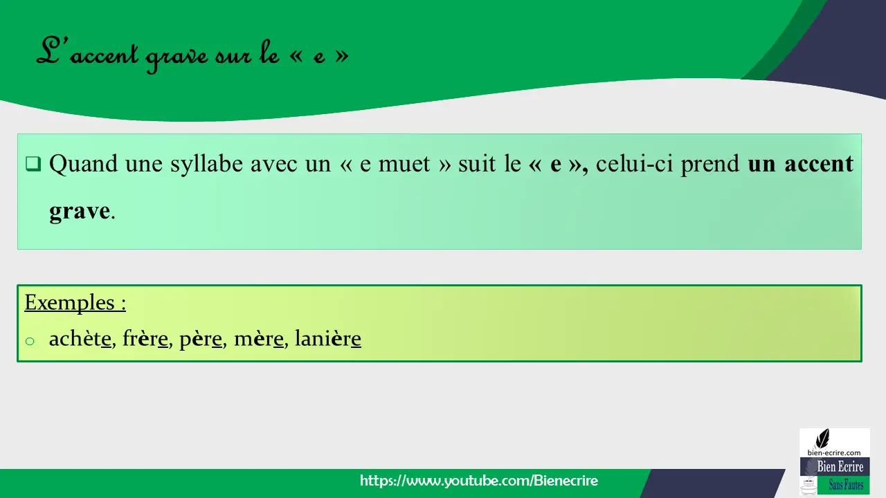  Quand une syllabe avec un « e muet » suit le « e », celui-ci prend un accent grave.