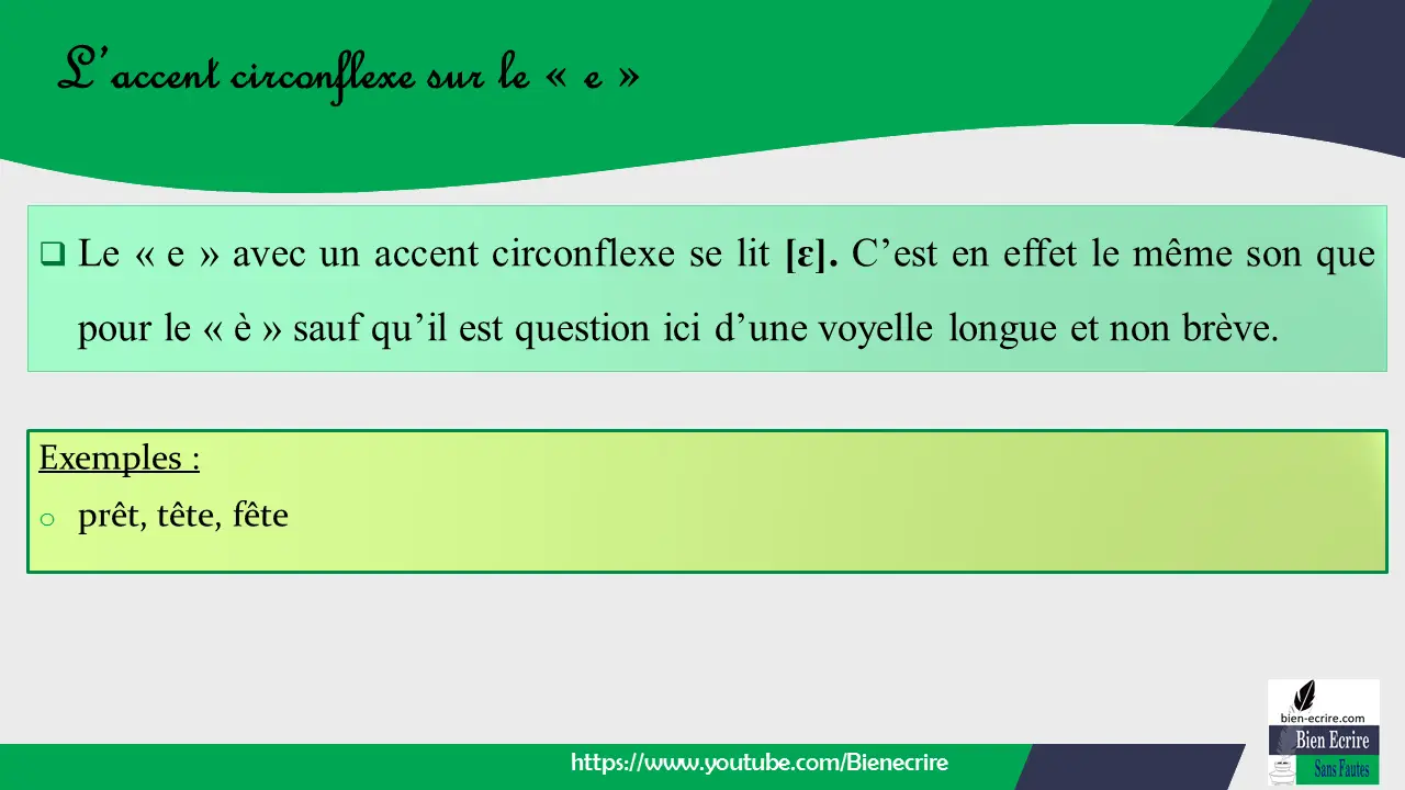  Le « e » avec un accent circonflexe se lit [ɛ]. C’est en effet le même son que pour le « è » sauf qu’il est question ici d’une voyelle longue et non brève.