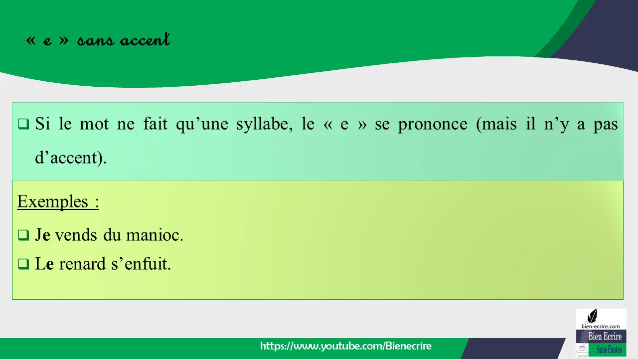  Si le mot ne fait qu’une syllabe, le « e » se prononce (mais il n’y a pas d’accent).