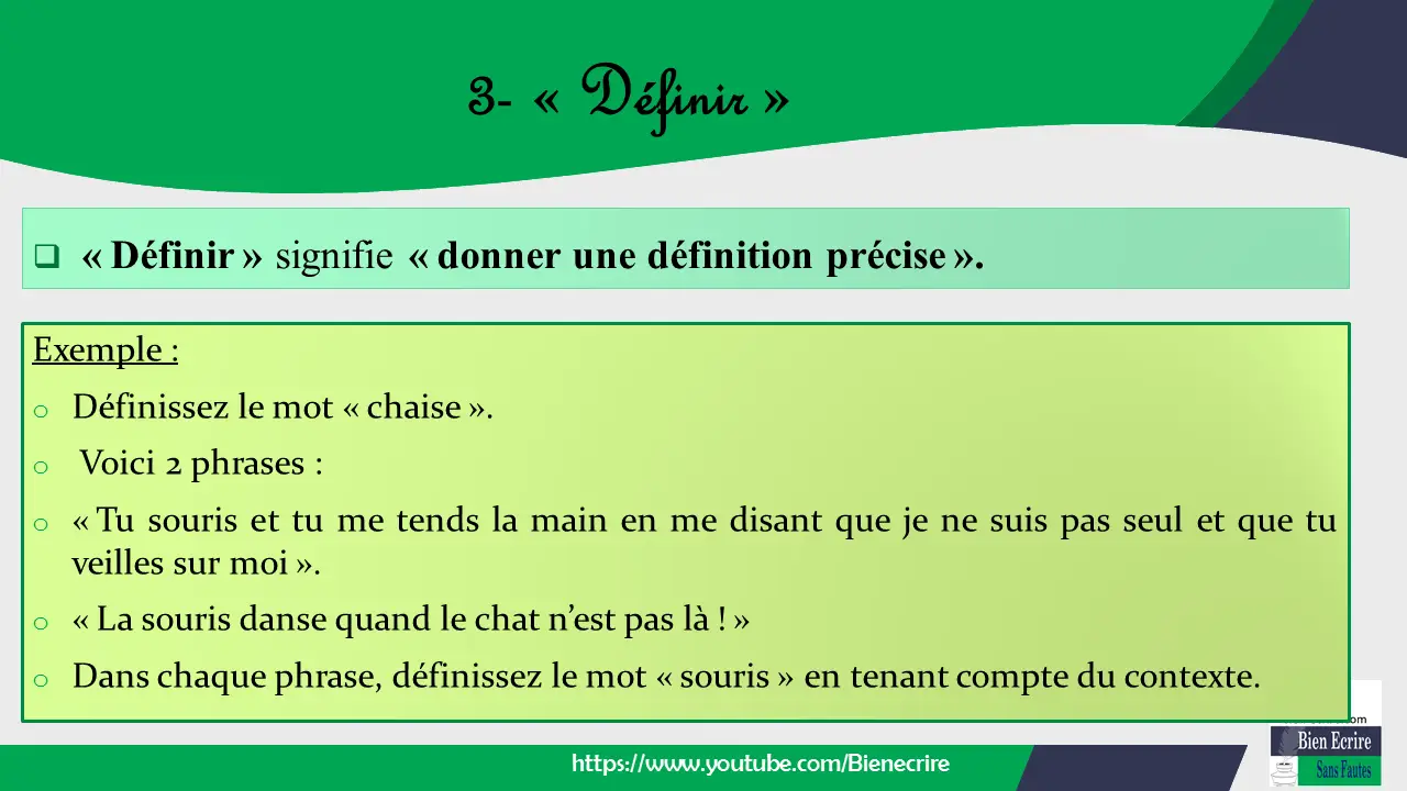 Exemple : o Définissez le mot « chaise ». o Voici 2 phrases : o « Tu souris et tu me tends la main en me disant que je ne suis pas seul et que tu veilles sur moi ». o « La souris danse quand le chat n’est pas là ! » o Dans chaque phrase, définissez le mot « souris » en tenant compte du contexte.