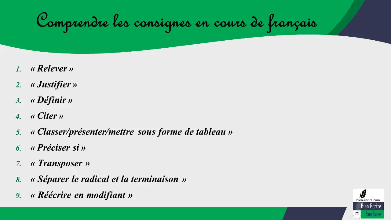 1. « Relever » 2. « Justifier » 3. « Définir » 4. « Citer » 5. « Classer/présenter/mettre sous forme de tableau » 6. « Préciser si » 7. « Transposer » 8. « Séparer le radical et la terminaison » 9. « Réécrire en modifiant »