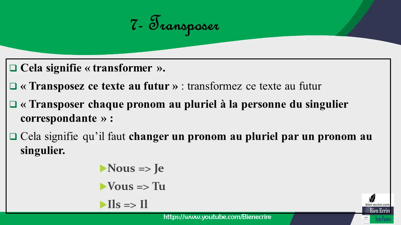  Cela signifie « transformer ».  « Transposez ce texte au futur » : transformez ce texte au futur  « Transposer chaque pronom au pluriel à la personne du singulier correspondante » :  Cela signifie qu’il faut changer un pronom au pluriel par un pronom au singulier. Nous => Je Vous => Tu Ils => Il