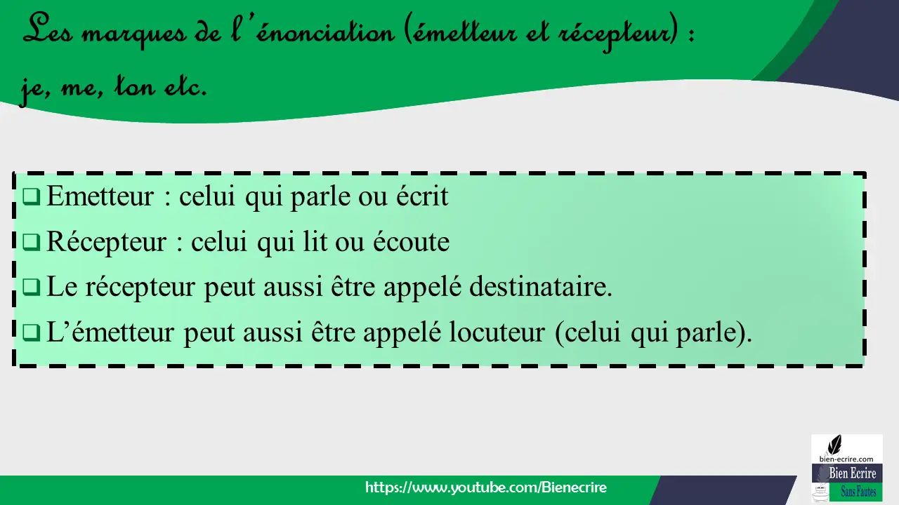  Emetteur : celui qui parle ou écrit  Récepteur : celui qui lit ou écoute  Le récepteur peut aussi être appelé destinataire.  L’émetteur peut aussi être appelé locuteur (celui qui parle).