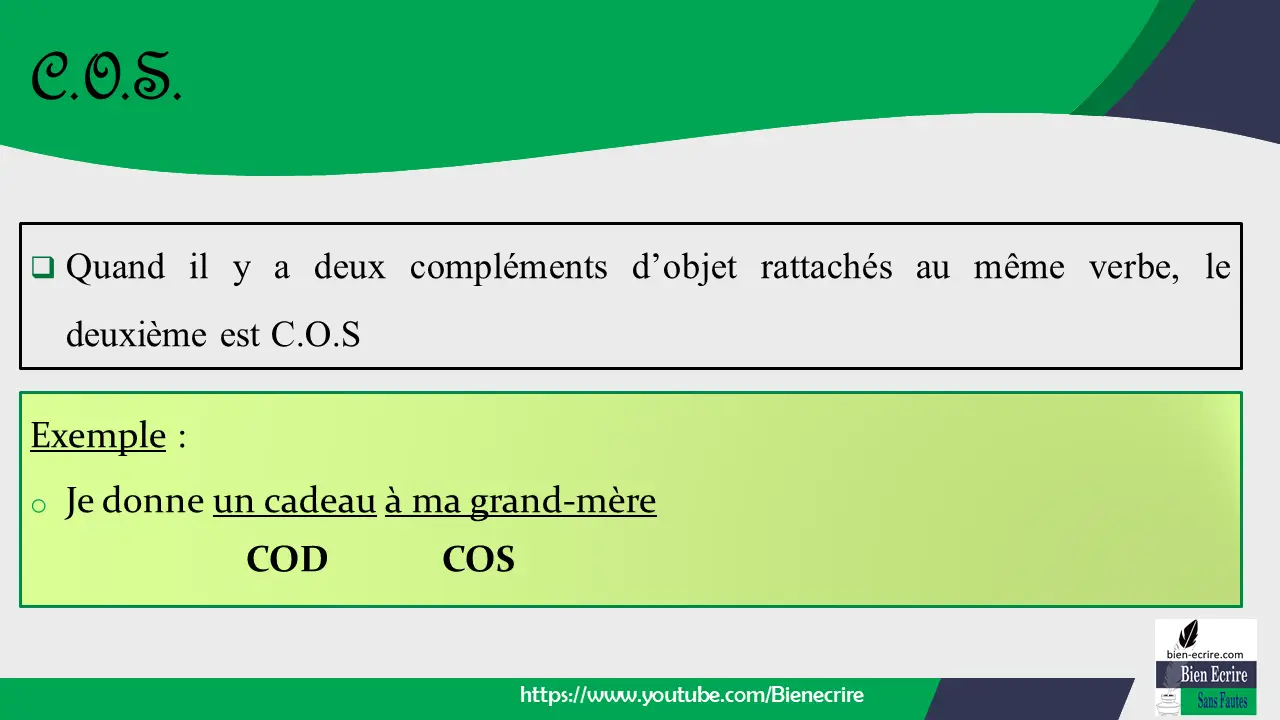  Quand il y a deux compléments d’objet rattachés au même verbe, le deuxième est C.O.S