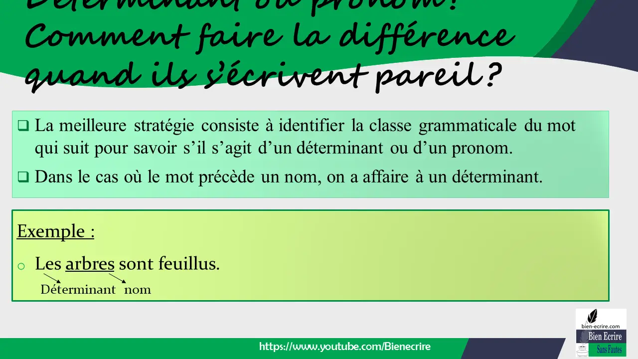  La meilleure stratégie consiste à identifier la classe grammaticale du mot qui suit pour savoir s’il s’agit d’un déterminant ou d’un pronom.  Dans le cas où le mot précède un nom, on a affaire à un déterminant.