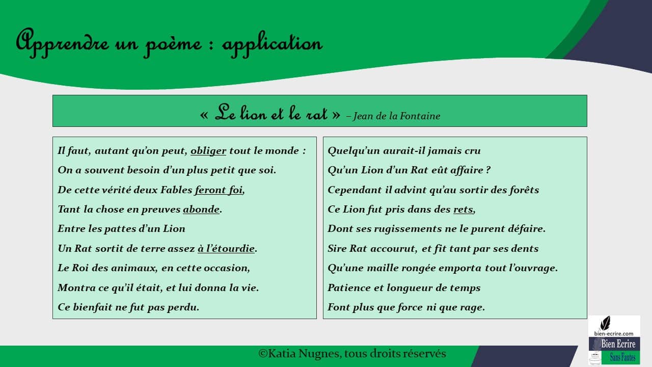 Apprentissage 2 – application des règles pour apprendre un poème - Bien
